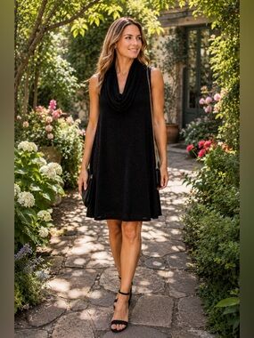 Charming Charlie Black Shimmer Cowl Neck Swing Dress XL Sleeveless